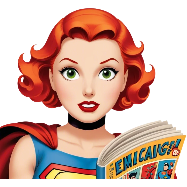 Icon for Vintage American Comics: an open comic magazine with classic 1940s-1950s American comic art, featuring superheroes in bold, bright colors, with action panels and exaggerated speech bubbles. The icon should represent the nostalgic style of vintage comics. Transparent background. emoji