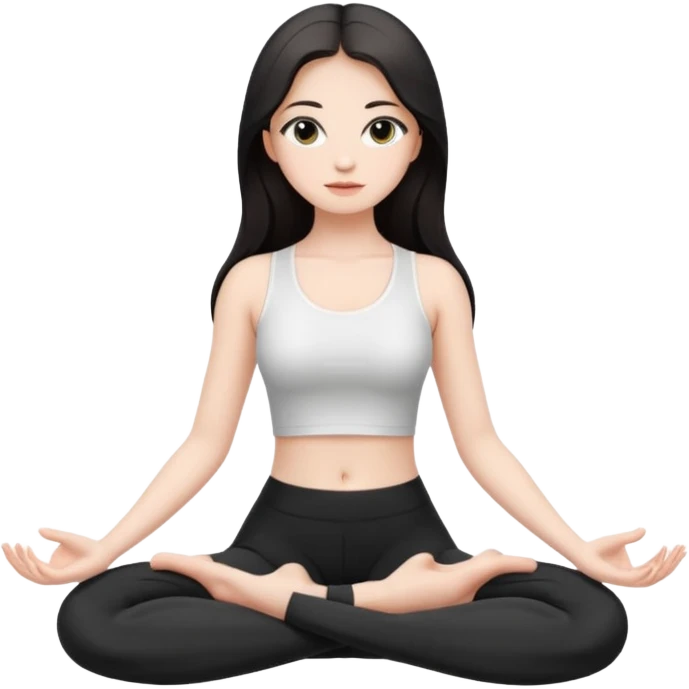 Девушка белокожая, с длинными темными волосами, в одежде для йоги - черные лосины, белый топ, сидит в позе лотоса, правильные пропорции тела, только человек emoji