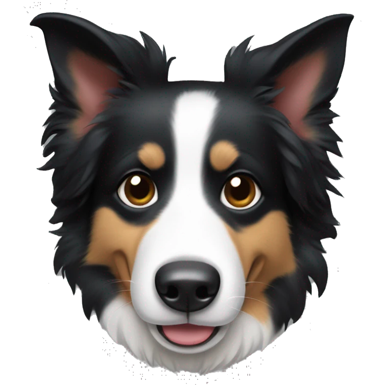 A border collie with folded ears, completely black hair, and very short hair sticking out her tongue emoji