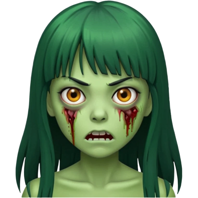 Faça uma menina de cabelo liso preto com franja zumbi cabelo longo 🧟‍♀️ faça ela assim faça ela verde com cara mais assustadora emoji