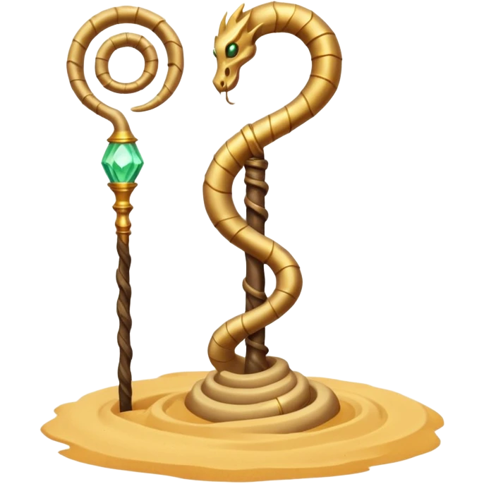 desert sand mage staff object icon, ancient staff with serpent coils around it, glowing golden sand gem on top, swirling sand aura, fantasy desert weapon, 3D cartoon, mobile game icon style, centered, clean background, no text, no watermark
 emoji