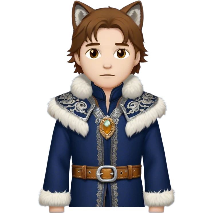 Medieval winter outfit worn by a DnD themed fantasy male character. Midnight blue felted wool tunic with silver fox fur collar, embellished with ornate metal clasps and a thick leather belt with decorative stitching. Clothes only above the waist, full waist coverage. The character has no arms. Character is white-skinned with honey brown hair, amber eyes, and shoulder-length straight hair with winter-weathered ends. emoji