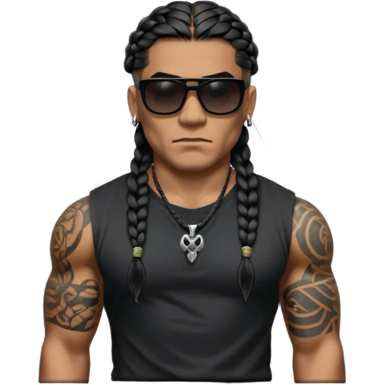 Samoan male. 
Untucked loose fitting black t-shirt. 
long black braided hair.
very muscular.
Even More tattoos. 
Tough and menacing.
Dark black square sunglasses. emoji