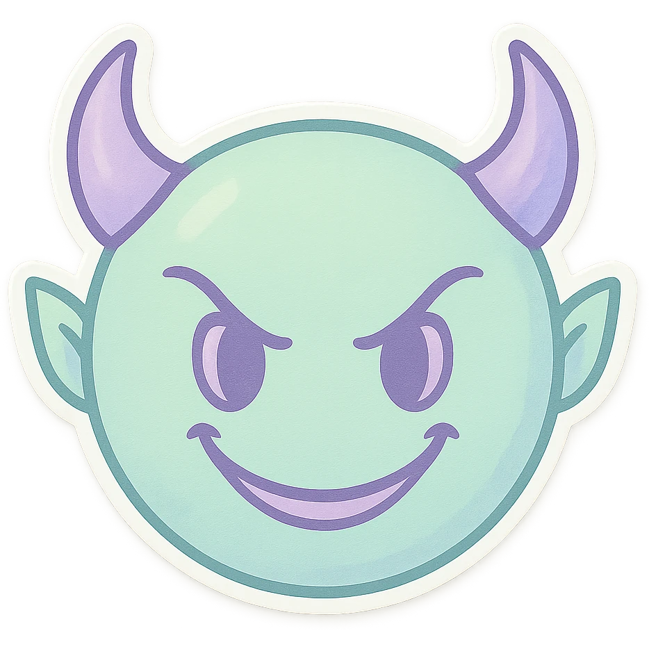 devil emoji, chibi style, pastel palette, mint green and lavender, elegant horns, sinister smile emoji