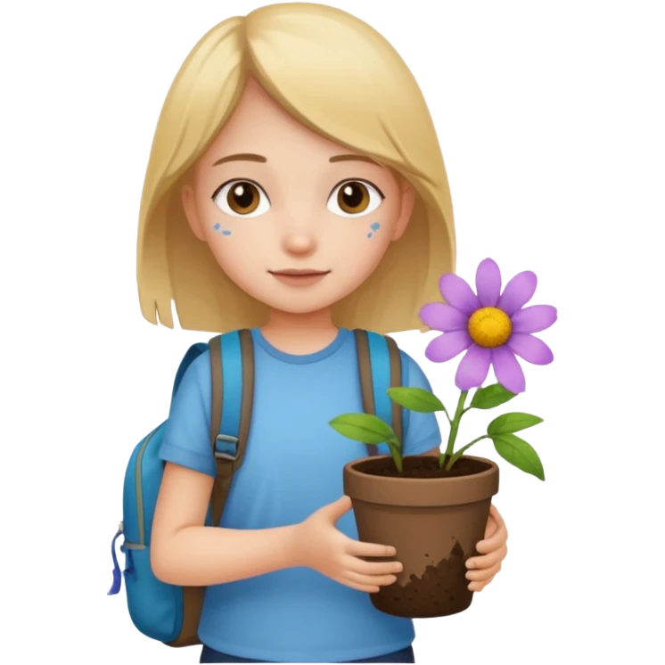 young girl wearing packpack, holding a flower pot emoji