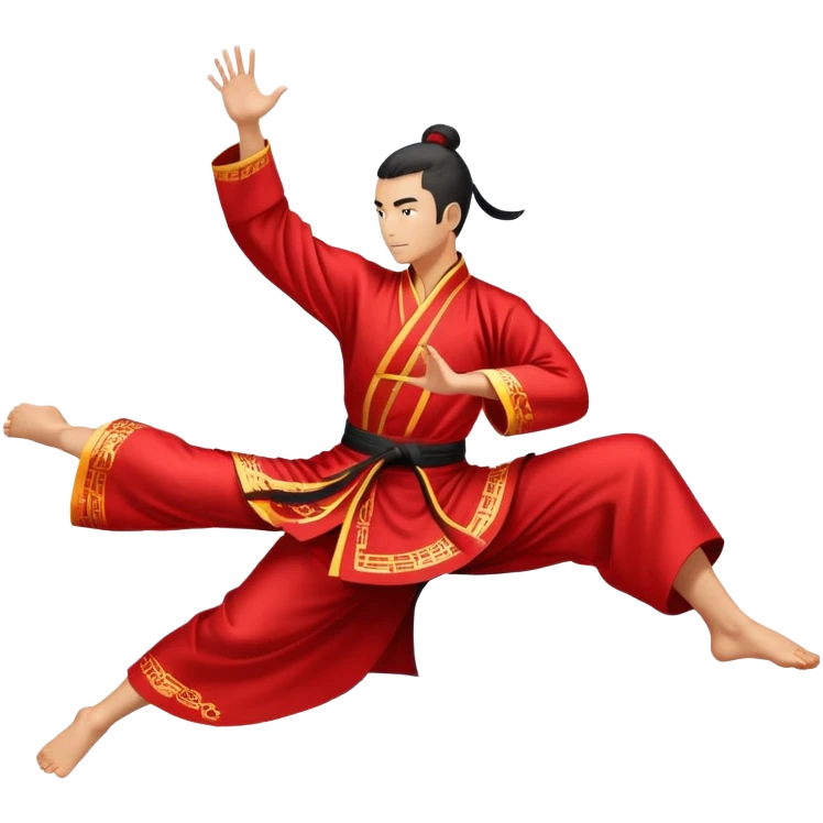 Emblem symbolizing Wushu martial arts. A graceful martial artist performs a dynamic kung fu pose, with flowing movements and a long, elegant robe. The background features stylized clouds and traditional Chinese symbols, representing fluidity, balance, and precision. Transparent background. emoji