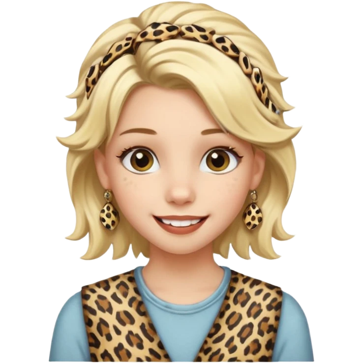 Une fille blonde et joyeuse. Elle porte une coiffure rock et originale avec 3 pinces pour cheveux  léopard et motif peau de vache. emoji
