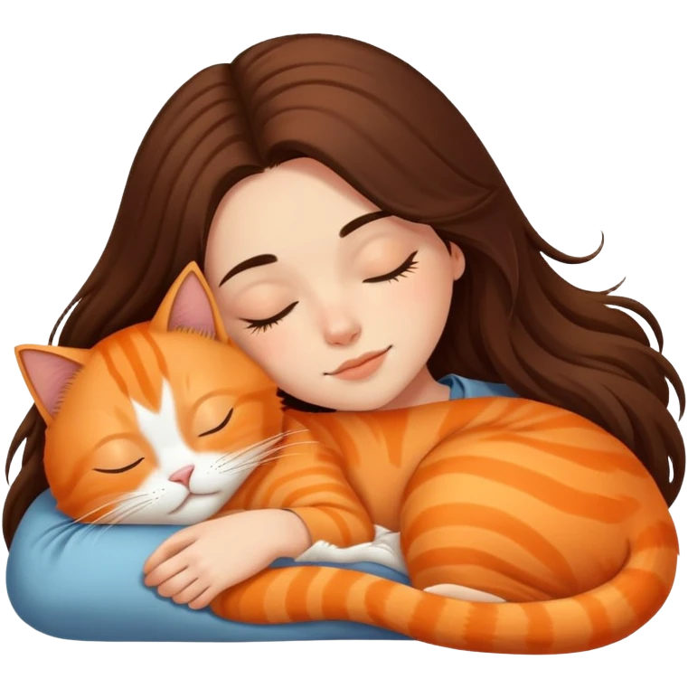 orange cat sleeping with long haired brunette girl emoji