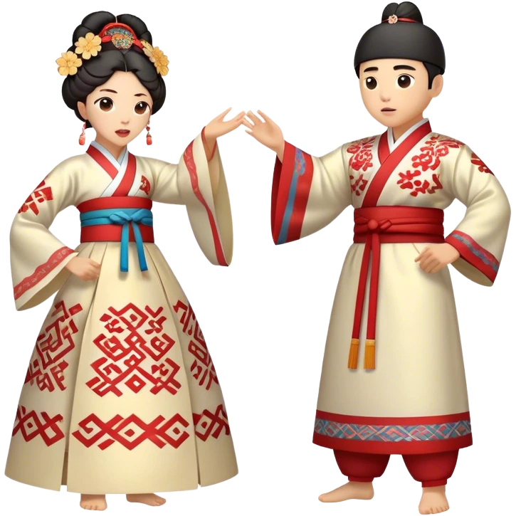 Cinematic Realistic scene of two performers engaging in Ganggangsullae, dressed in traditional Korean costumes with intricate patterns and graceful movements, illuminated by soft, festive lighting that accentuates the cultural ambiance emoji