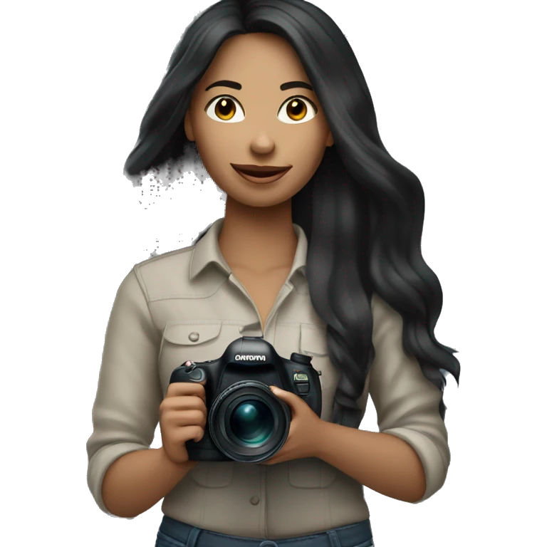 women photographer with long black hair and light skin holding a camera canon emoji