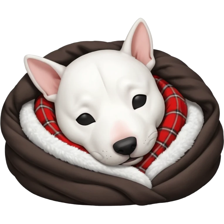 bull terrier sleeping cozy with blanket black head and eats emoji