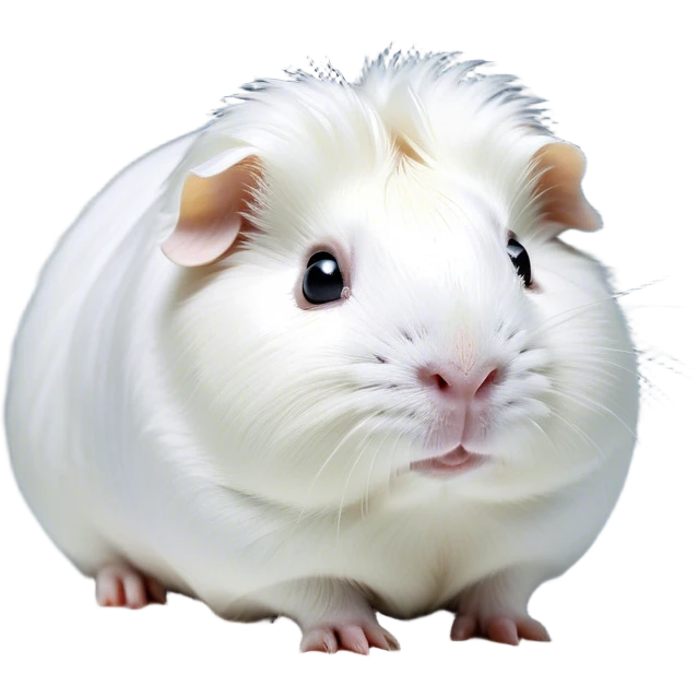 Cinematic Noble White Guinea Pig Portrait Emoji, Poised and regal, with a compact, chubby build and a pristine, well-groomed pure white fur, deep-set soulful dark eyes, Simplified yet sharp and sophisticated features, highly detailed, glowing with a soft, dignified glow, high shine, intelligent and sweet, stylized with an air of gentle purity, focused and attentive, soft glowing outline, capturing the essence of a watchful and confident little companion, so majestic it feels as though it could scurry out of the screen with effortless authority! emoji