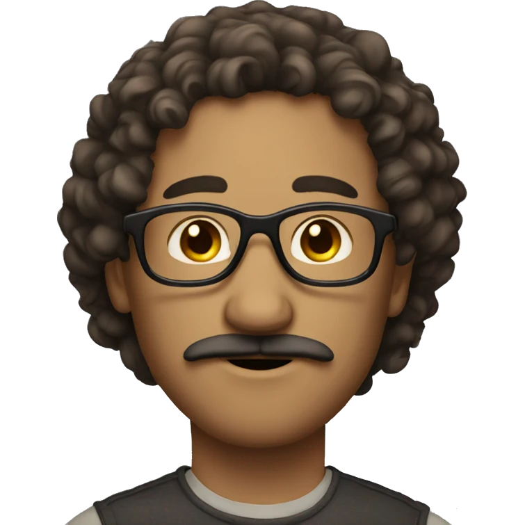 a man with a moustache and curly brown long hair. Brown eyes and glasses  emoji
