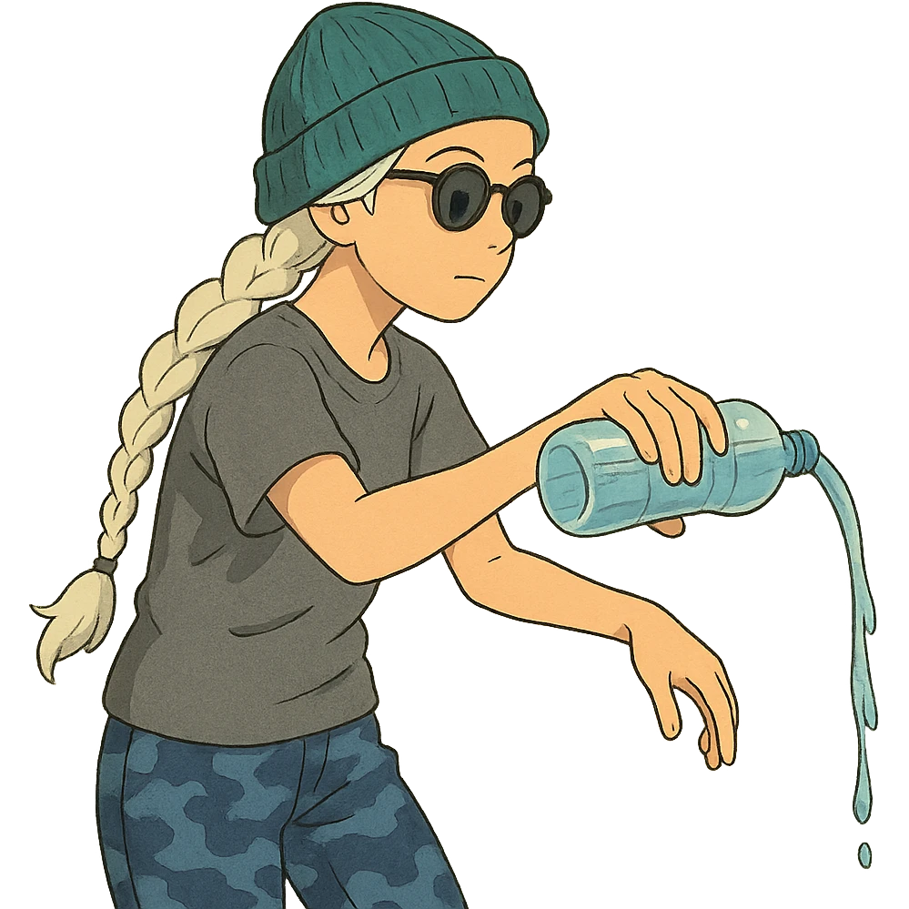 1 female, long white braid, knit cap, dark sunglasses, GRAY T-SHIRT, blue camo pants, POURING OUT A WATER BOTTLE emoji