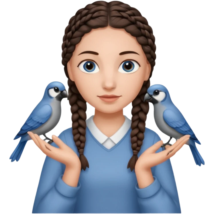 женщина с темно-коричневой косичкой и серо-голубыми глазами и светлой кожей держит на руке трех птиц коричневого и серого цвета emoji