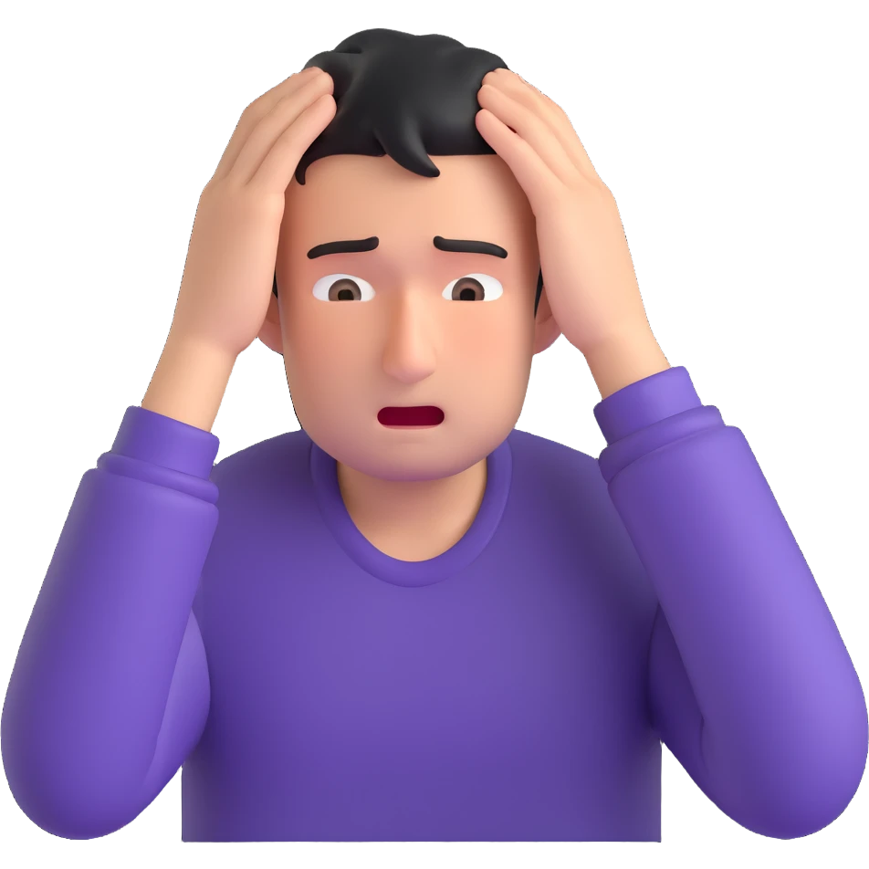 man making a mistake, expressive face, hands on head, regretful or embarrassed expression emoji