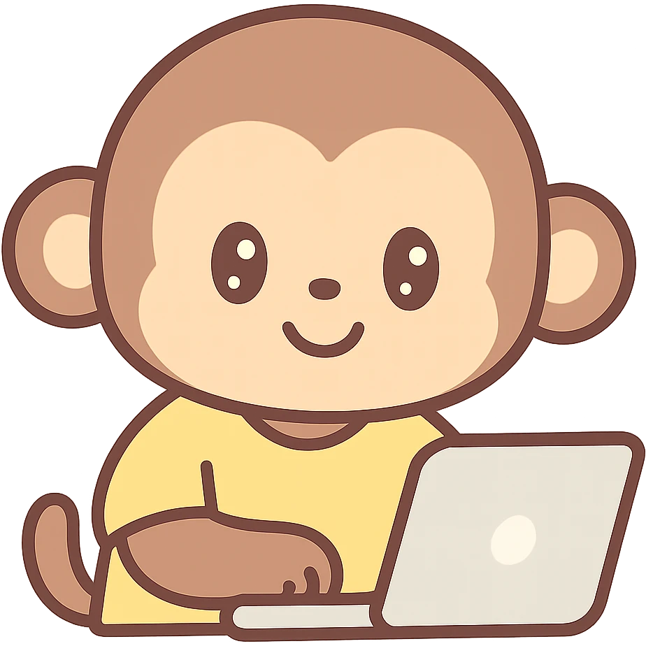 cute cartoon monkey using a laptop, smiling, wearing a yellow shirt emoji