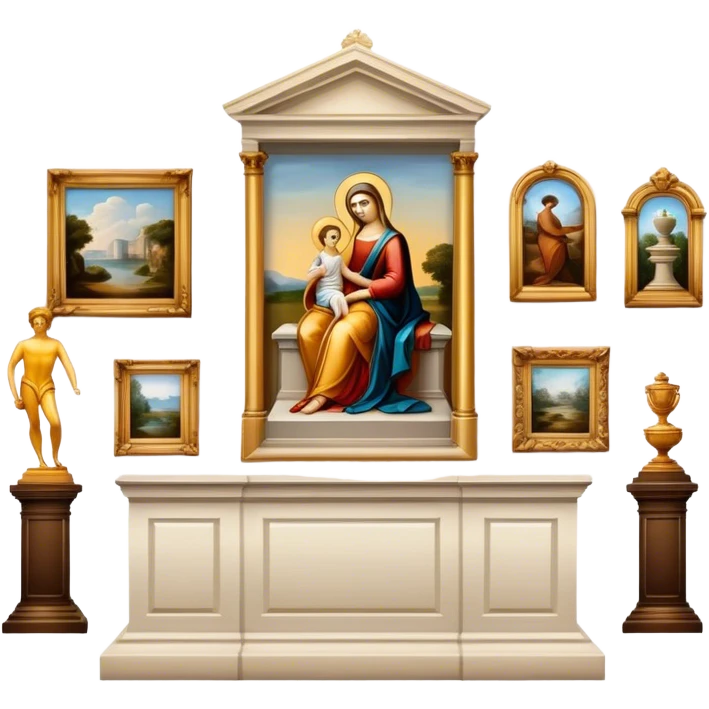 An icon featuring an elegant art gallery with classic paintings hanging on the walls, and sculptures displayed on pedestals. Visitors admire the exhibits, capturing the essence of culture, history, and art. Set against a transparent background. emoji