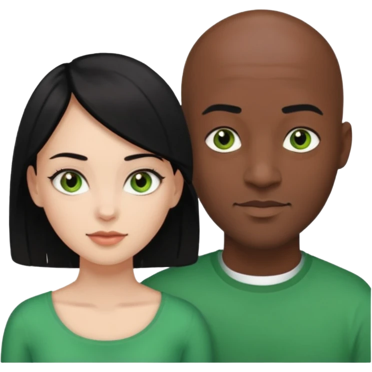 Black bald guy with brown eyes & a white girl balcky hair with green eyes  emoji