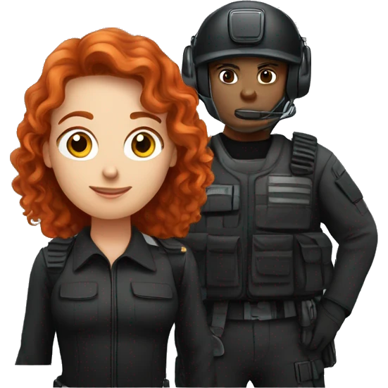 operator dressed in black with a milatary helmet, without glasses, wearing a headset, ready to respond to alerts, preferably curly redhead female  emoji