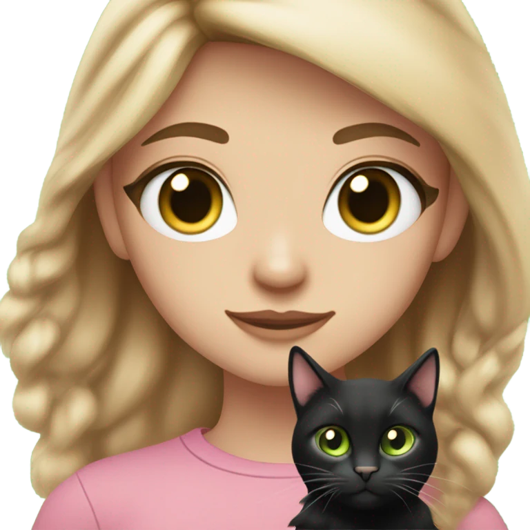 teenage girl with light brown hair, slightly wavy with volume, dark green eyes, long eyelashes, pretty face, scandinavian, wearing pink top, holding a cat with mostly black fur but also a little bit white fur emoji