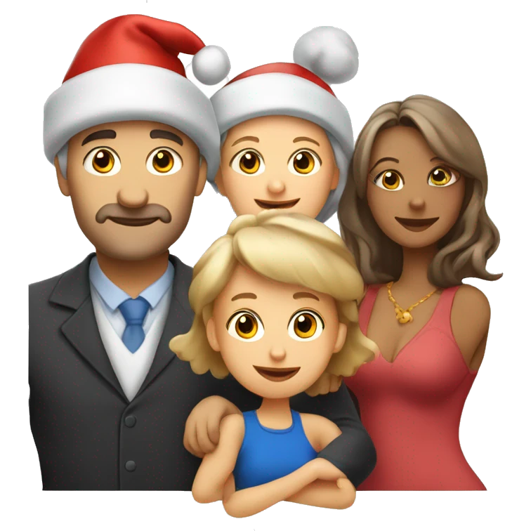 european family of 4 people (mom dad and 2 kids) celebrate new year in birthday hats emoji