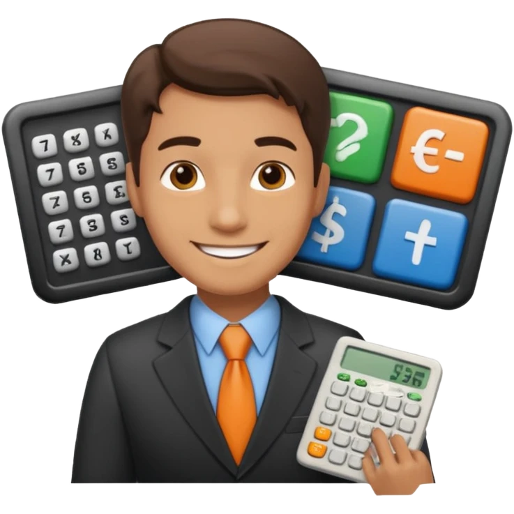 emoji, of a male AUDITOR smiling with Finance spreadsheet , a calculator,plus ADD A puzzle and a Balance for accounting. emoji
