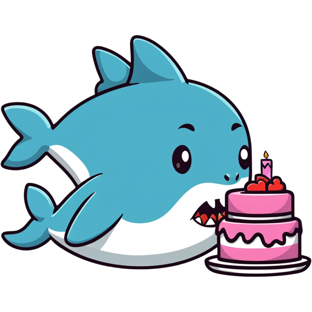 friendly shark with puckered lips kissing a decorated cake emoji