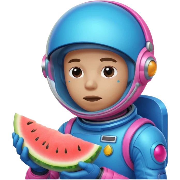 Neon pink and blue spaceman side eye eating melon looking suspicious emoji