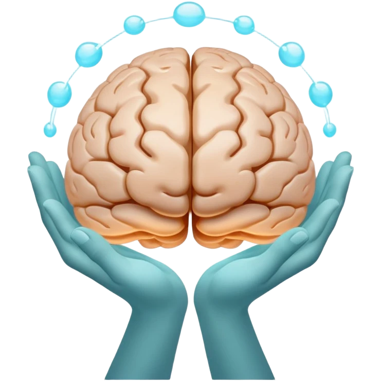 two hands gently holding a floating, glowing brain emoji