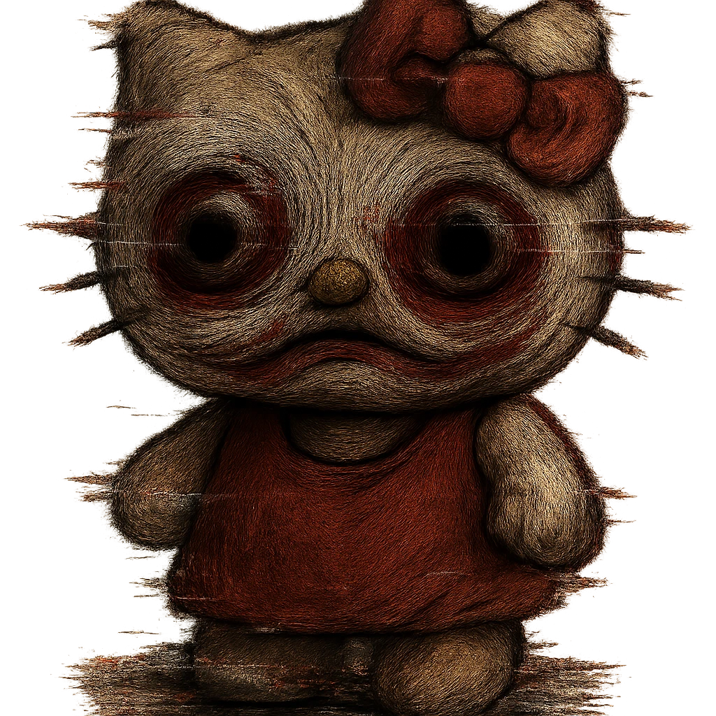 Add a digital glitch effect to the image while keeping the uncanny and unsettling vibe. Remove the background entirely for a clean isolated subject. emoji