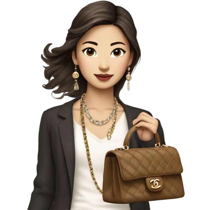 Realistic brown hair Chanel Asian Girl with Birkin bag and Chanel necklace emoji