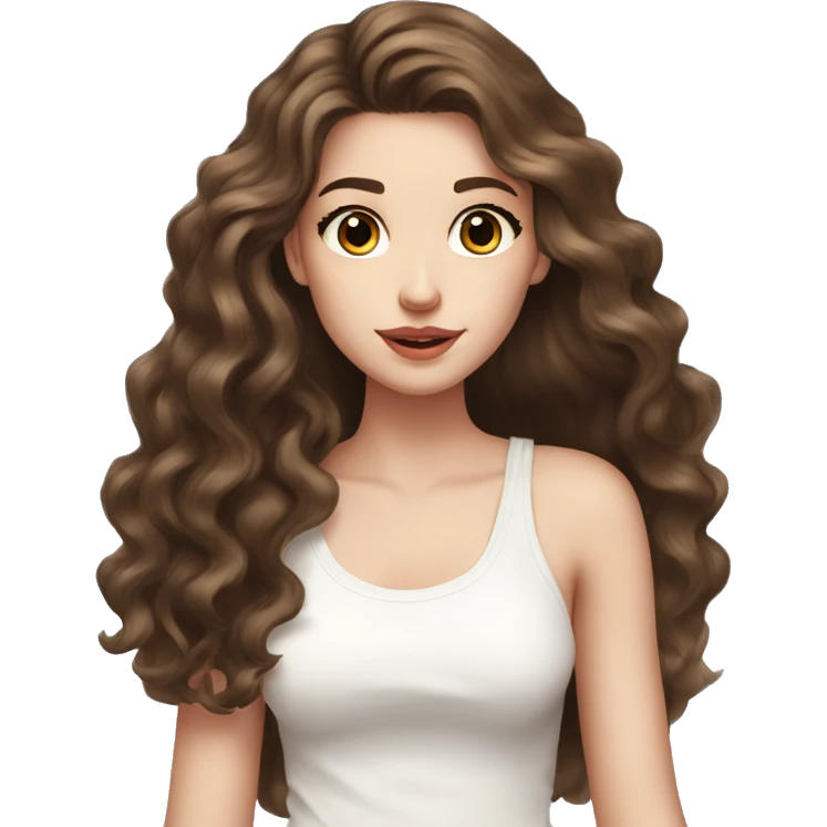 Cute girl, pale skin, big lips, wavy hair, long hair, brown hair, big lashes, white tanktop, long hair  emoji
