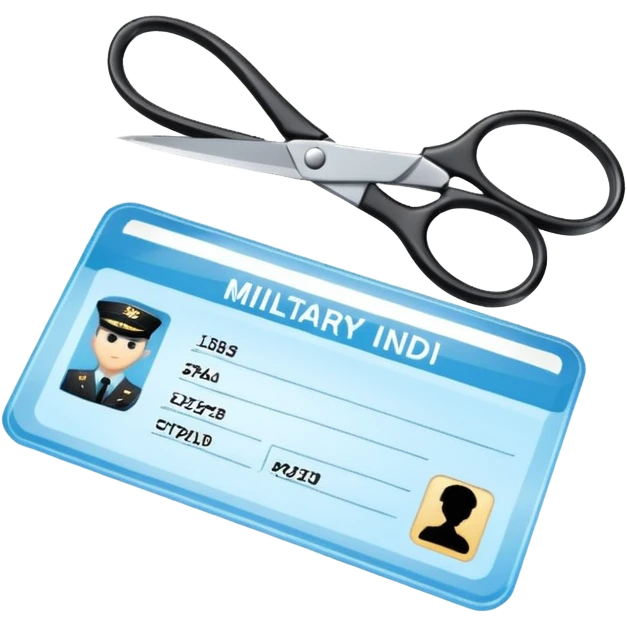 Floating black Scissors cutting a light blue military ID card in 2 parts .hyper realistic emoji