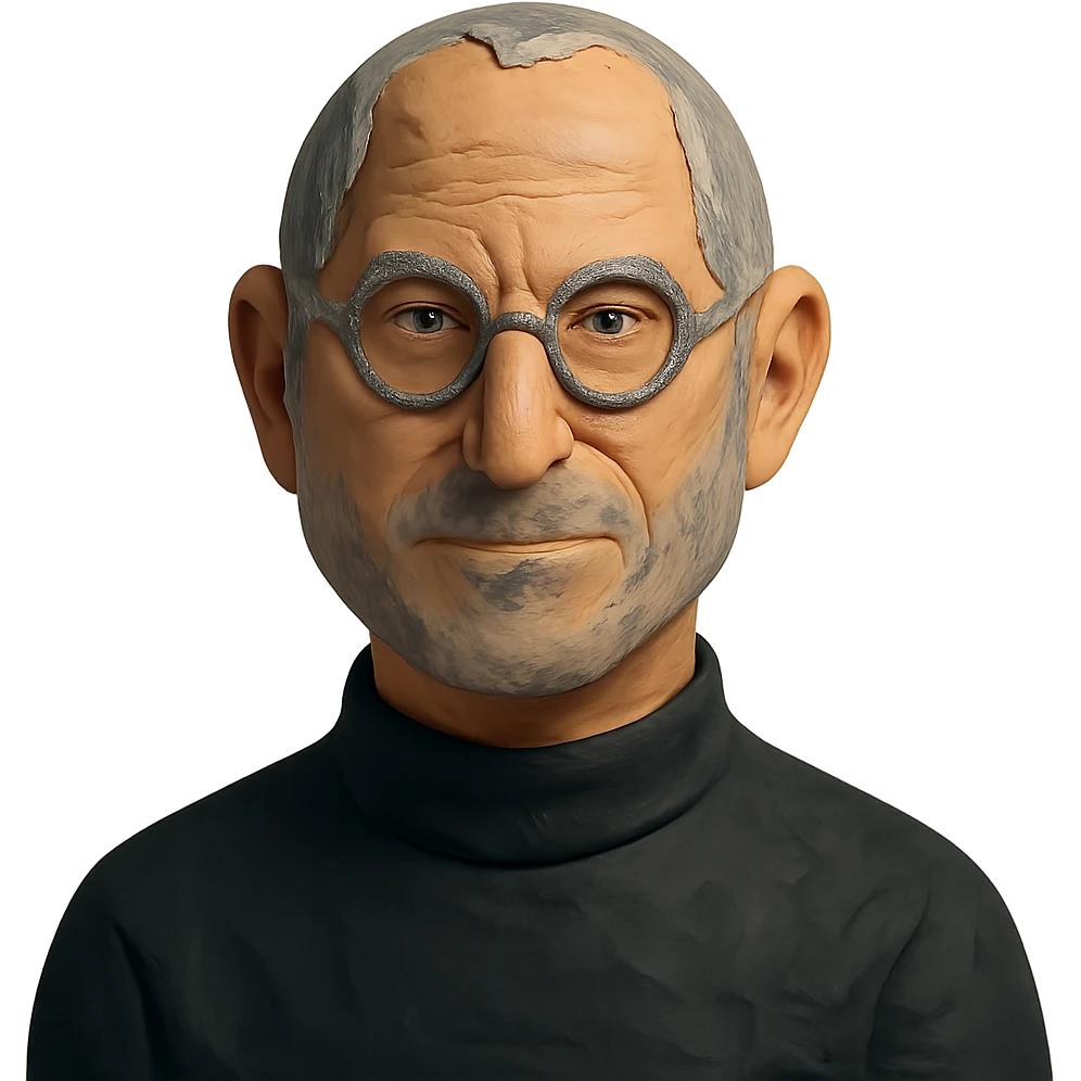 claymation style portrait of Steve Jobs, turtleneck, glasses, no background emoji