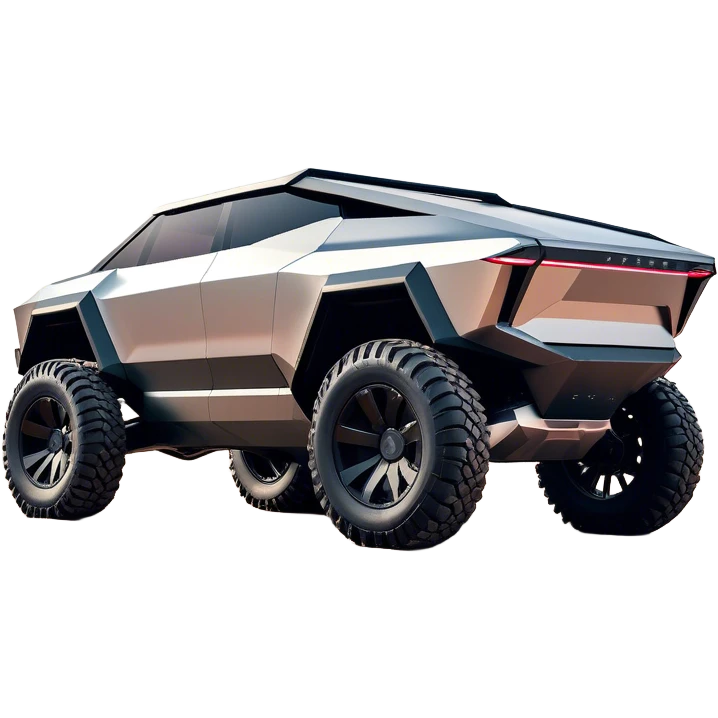 Tesla Cybertruck - A futuristic Tesla Cybertruck, angular and geometric with a sharp, triangular body shape. Stainless steel exoskeleton with a raw, unpainted, brushed-metal finish. A sleek, narrow LED light bar stretches across the entire front. Large, rugged off-road tires with exposed wheel arches. Smooth, handle-free doors and a slanted, armored rear with a retractable tonneau cover. Rear LED strip mirroring the front. The vehicle looks like a sci-fi-inspired, bulletproof stealth tank on wheels, set in a high-tech urban environment at sunset, with reflections on its metallic surface. emoji