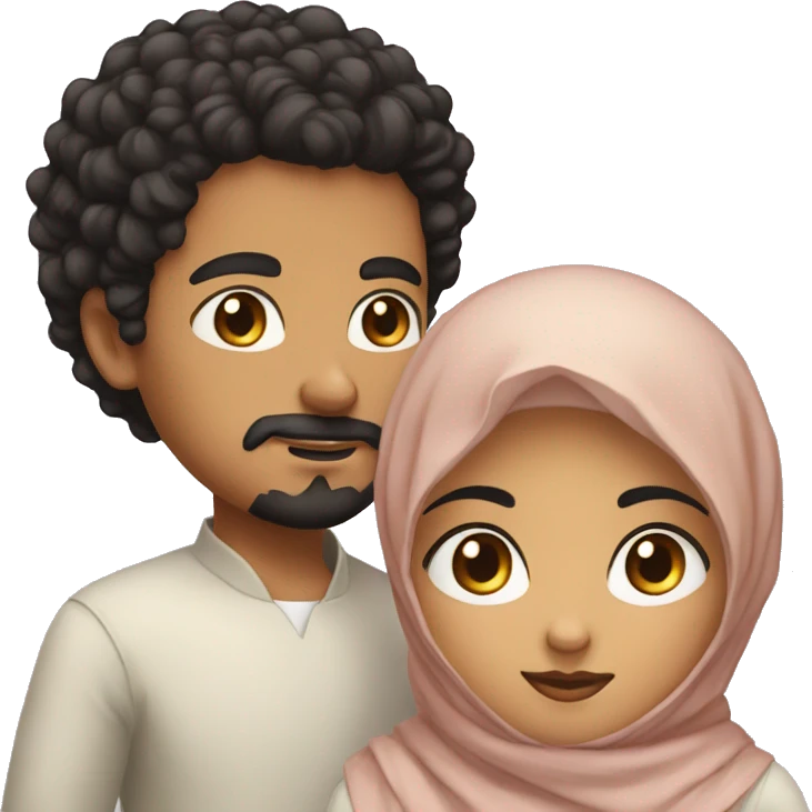 the brown boy has black short curly hair, goatee and moustache, black eyes. The girl has hijab  emoji