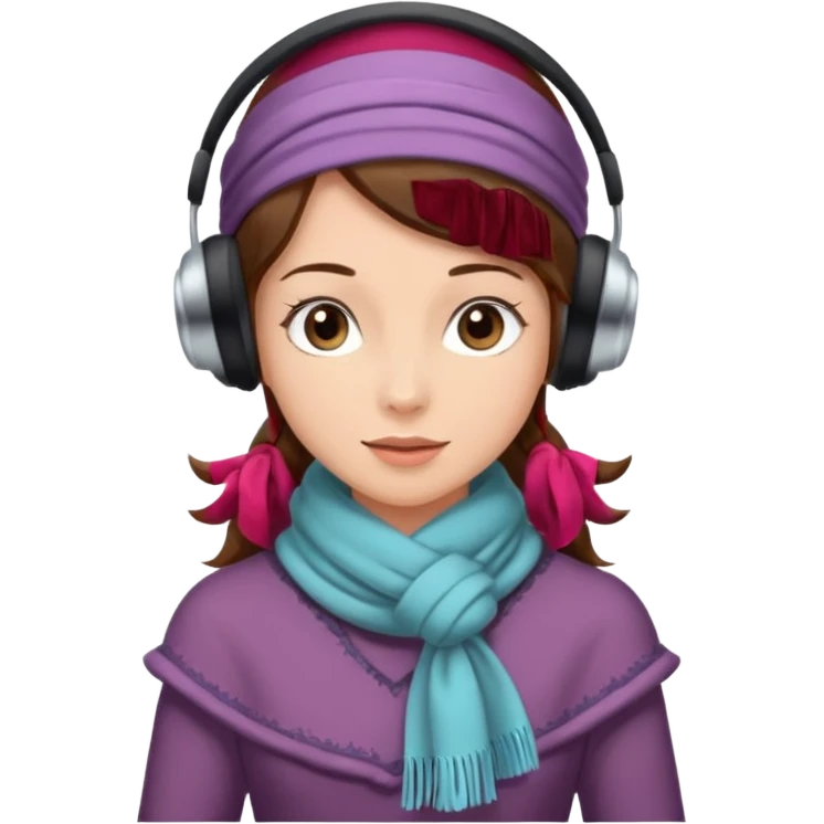 Victorian ice skater in a long dress. She is wearimg a scarf and earmuffs. She has brown hair. emoji