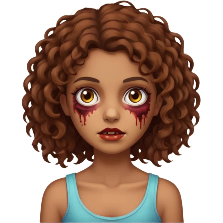 Faça uma garota zombie de cabelo cacheado castanho, olhos castanhos escuro e pele parda com o cabelo menos volumoso e no ombro emoji