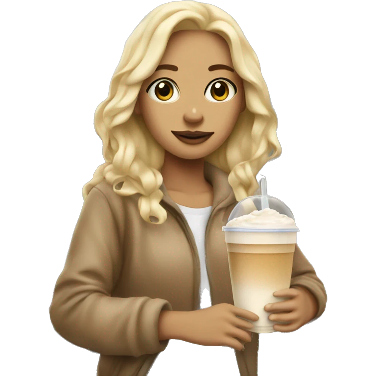 Blonde Girl covered in a City blanker With an iced Latte  emoji