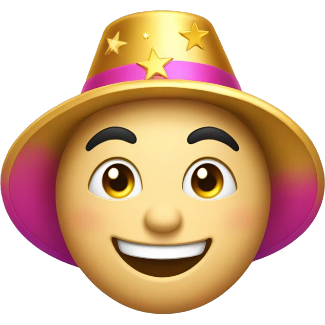 
Joyful emoji: Round face, big smile, sparkling crescent eyes, arched eyebrows. Golden stars near the eyes, colorful party hat tilted, rosy cheeks. with hat emoji