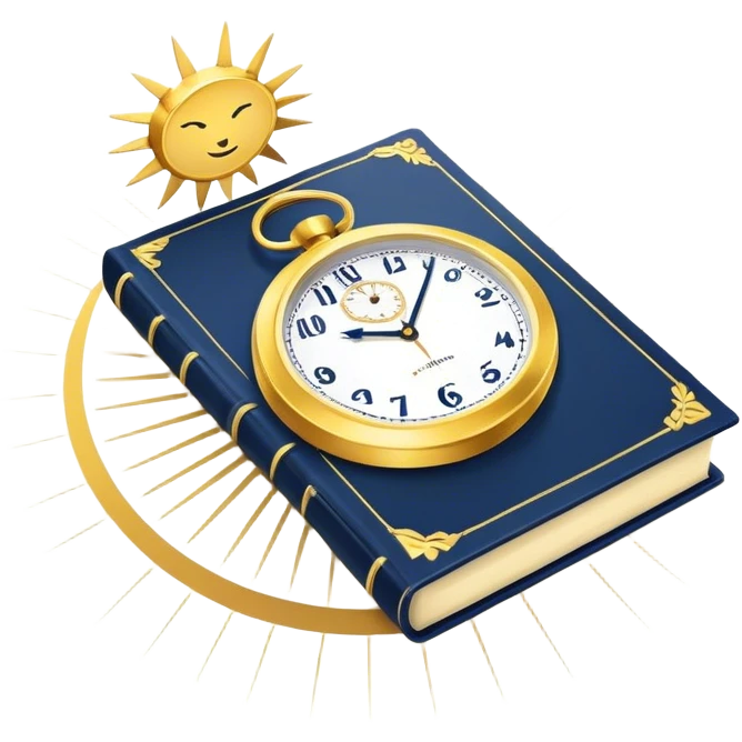 A navy blue productivity book with gold details, running clock and chart with upward trend aura, radiating productivity, strategy, and success in motion with time and happiness yellow... power in time emoji