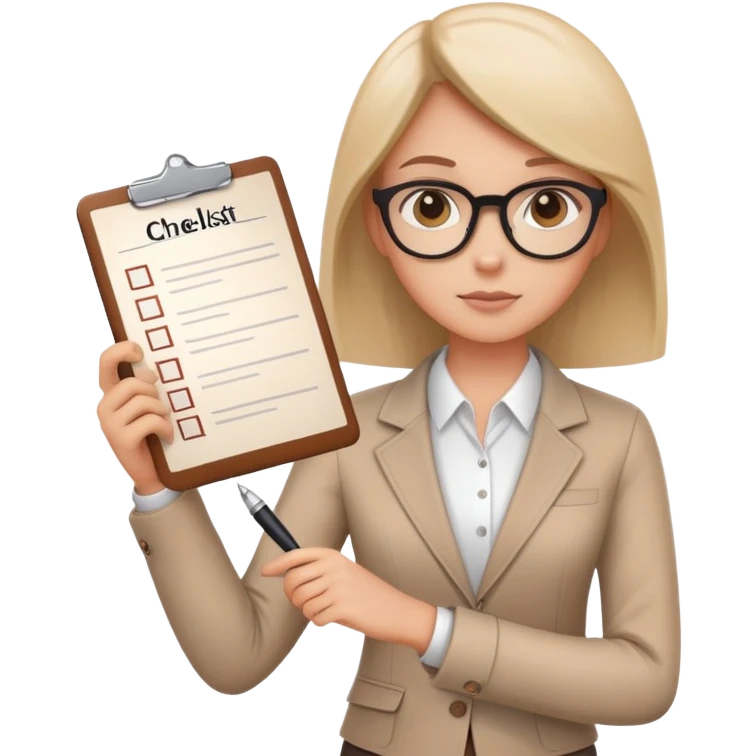 a person holding a checklist and pen, wearing smart casual clothing. The character is in a focused pose emoji