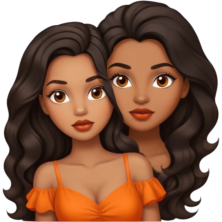 light brown skin tone, very beautiful woman, with big plump lips, long long lashes, black long wavy hair, middle hair parting, brown eyes, orange dress emoji