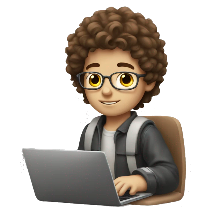  boy who is working on laptop with fluffy brown hair and white skin emoji