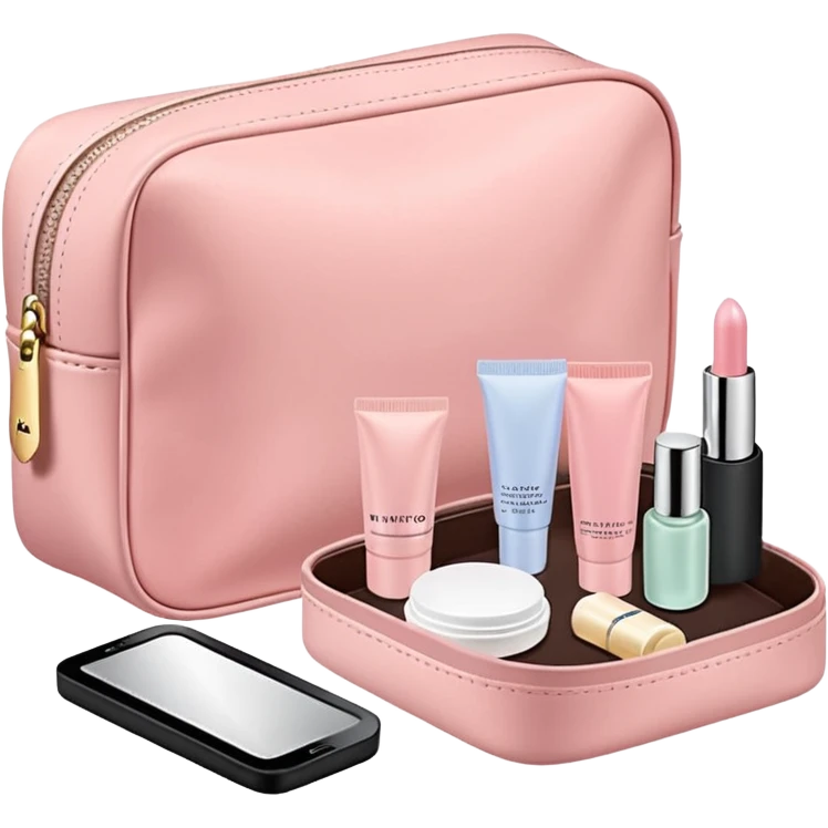 Pastel pink cosmetic travel pouch with skincare minis, clean setup emoji