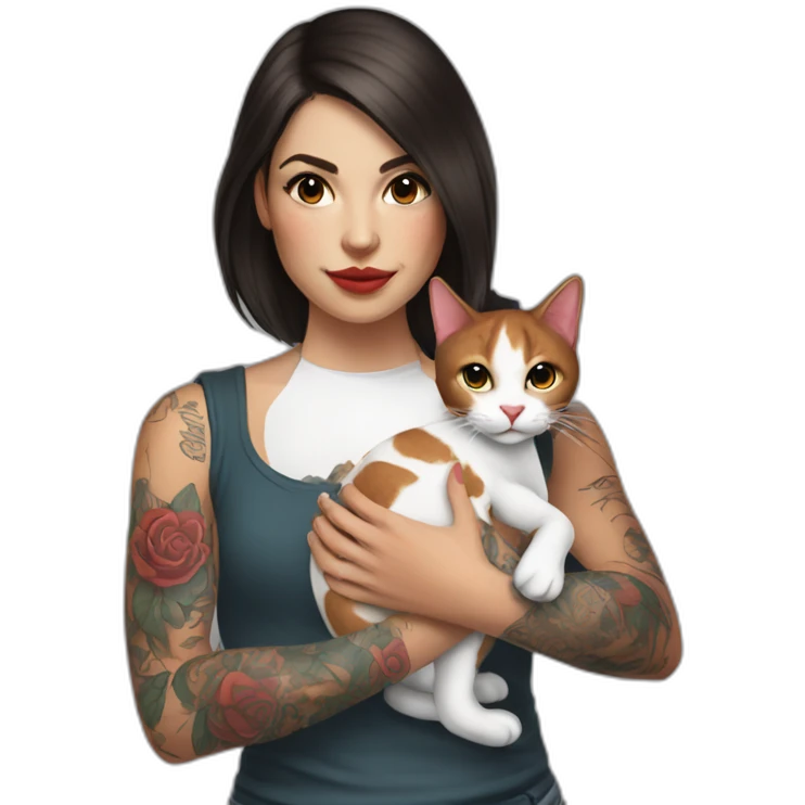young tattooed brunette woman holding a red and white cat in her hands emoji