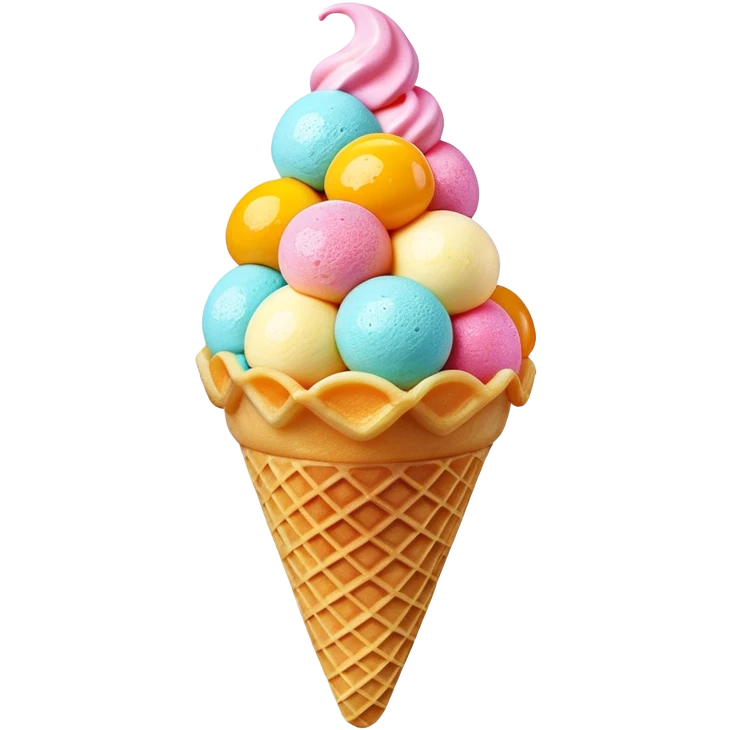 3D rendered Hong Kong egg waffle cone filled with colorful ice cream, hyper-realistic bubbled texture, glossy candy-like finish, vibrant colors, detailed texture, soft studio lighting emoji