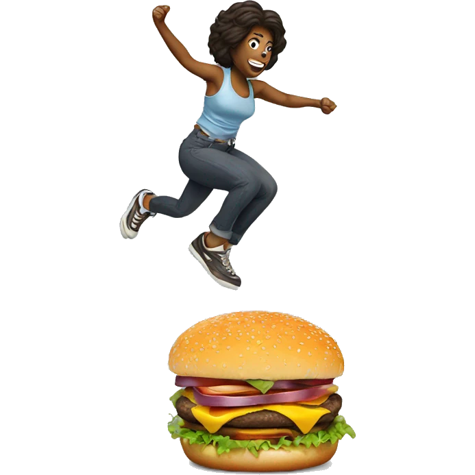 woman jumping on burger emoji
