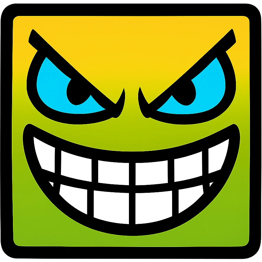 the 'harder' difficulty face from Geometry Dash, bold cartoon style, sharp eyes, mischievous grin, vibrant colors, no text emoji